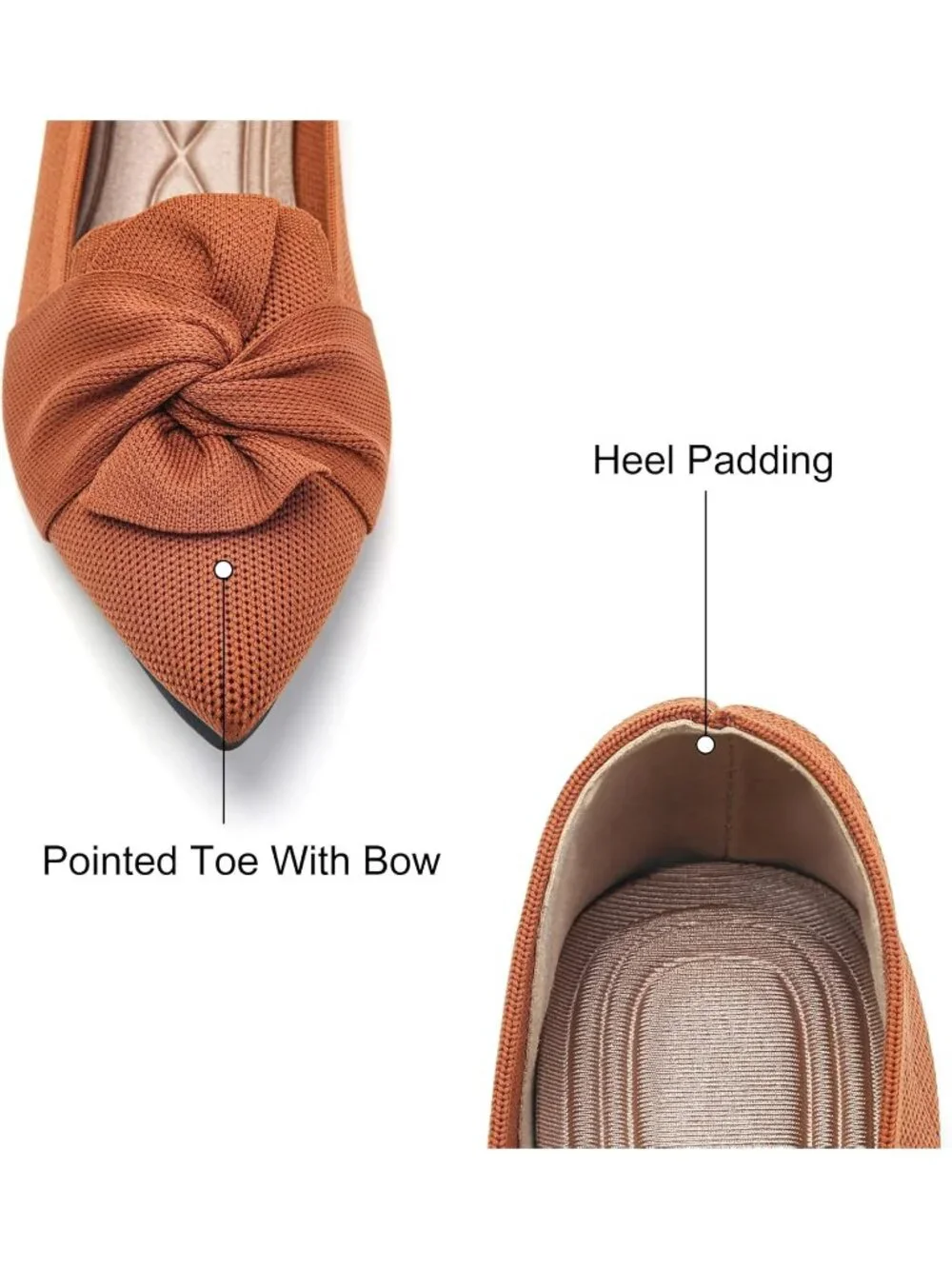 Women's Brown Pointed Toe Ballet Flats with Bow Comfortable Knit Dressy Shoes